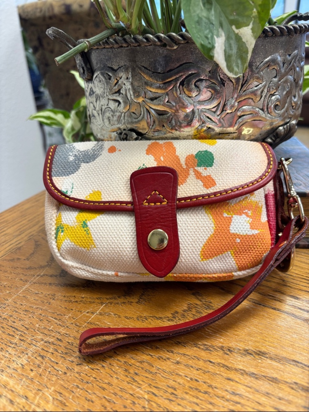 Dooney & Bourk Canvas Wristlet Clutch with Red Leather Trim